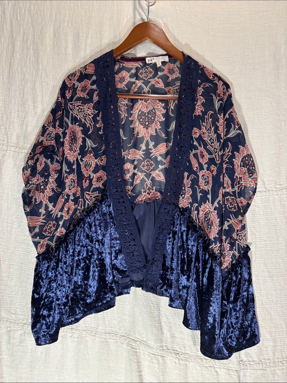 Jolt Boho Floral Sheer & Crushed Velvet Open Front Kimono Size Small Whimsigoth